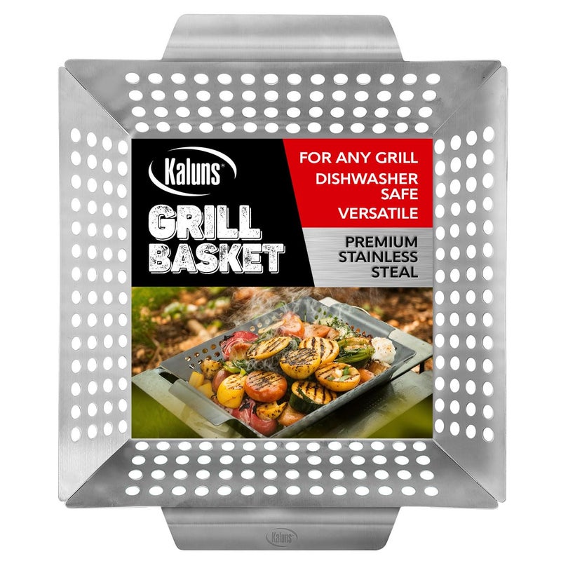 Kaluns Heavy Duty Stainless Steel Vegetable Grill Basket, Rectangular, Silver, Dishwasher Safe Grills and Vegetables - Image 1